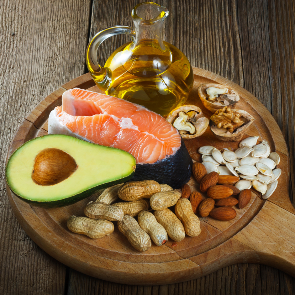 healthy fats such as avocado, salmon, nuts, oil